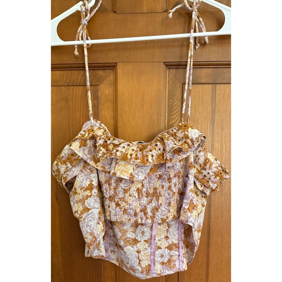 American Eagle Festival Crop Top Womens XXL Brown Floral Eyelet Shoulder Tie - Picture 13 of 13